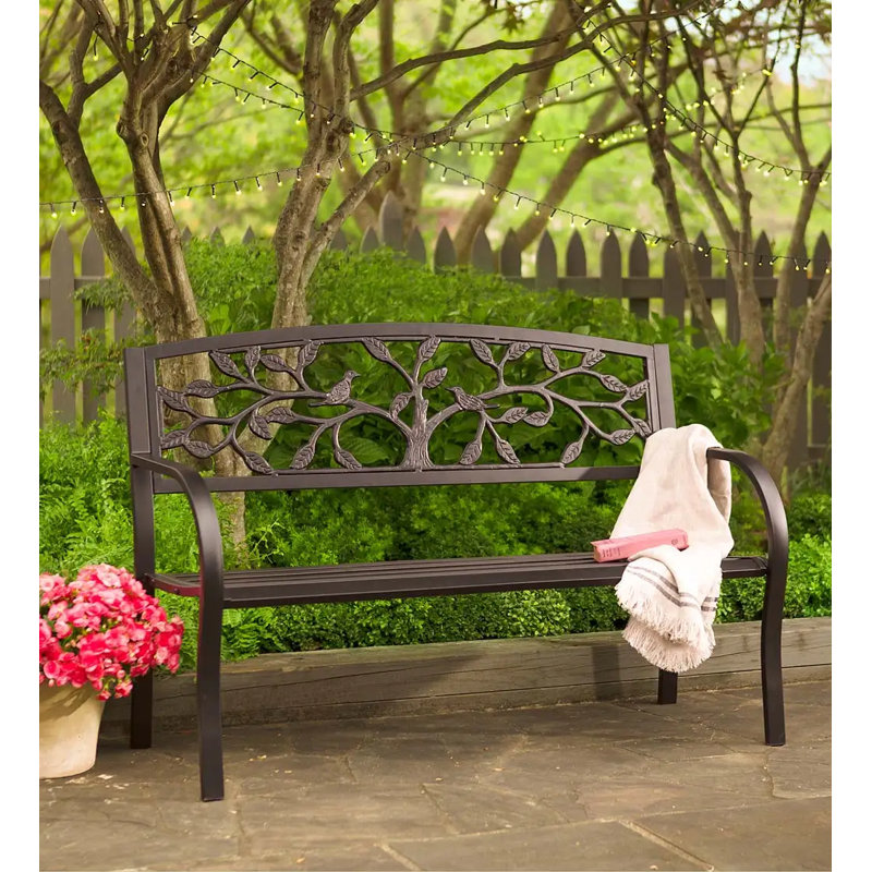 Wind Weather Antiqued Metal Garden Bench with Tree of Life Design Backrest Reviews Wayfair